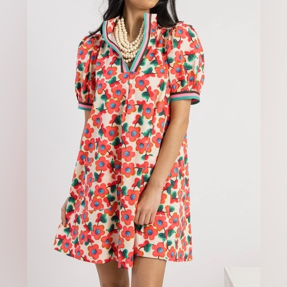 entro Dresses & Skirts - NWOT Entro Red Floral Puff Sleeve Dress Size 1X